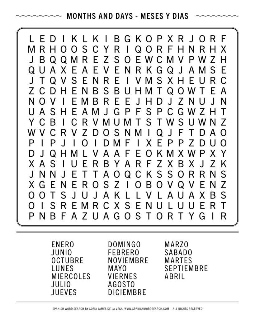  Spanish Months And Days Word Search Calendar Vocabulary Spanish