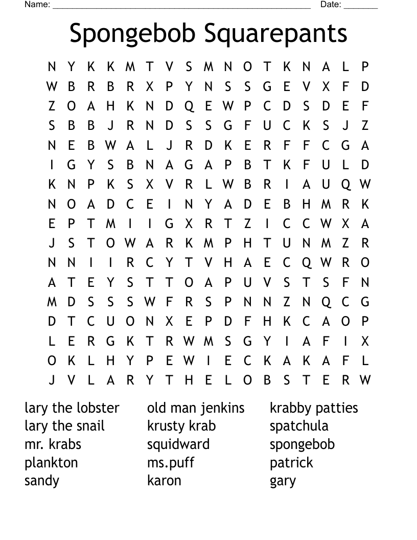 Spongebob Squarepants Crossword WordMint