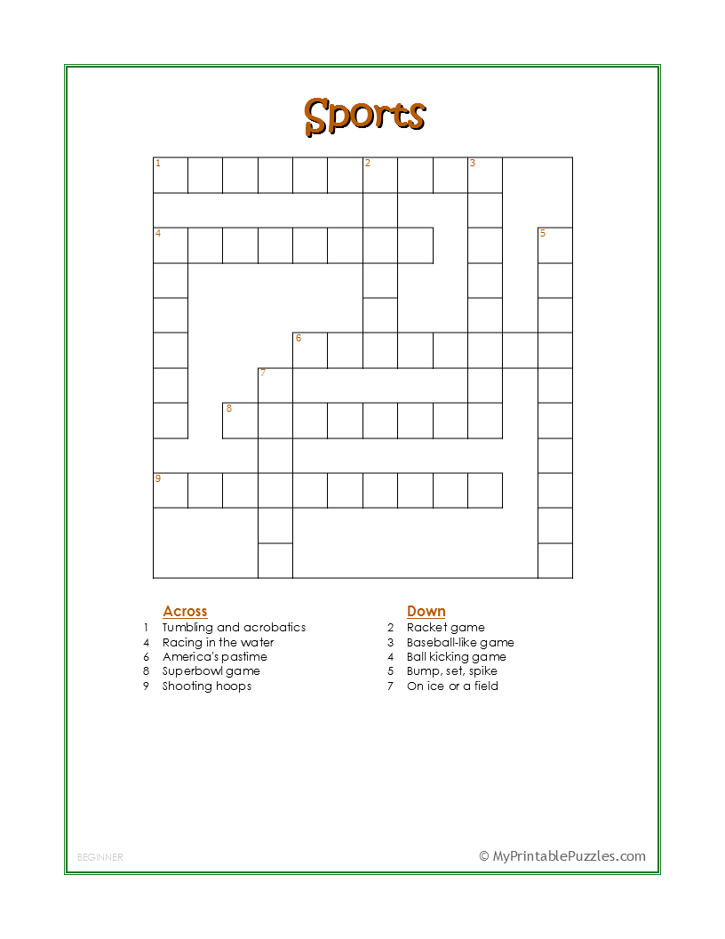 Sports Crossword Puzzle Beginner My Printable Puzzles Worksheets Library