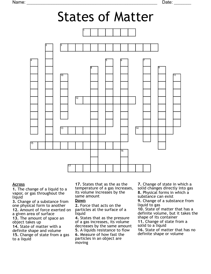 States Of Matter Crossword WordMint