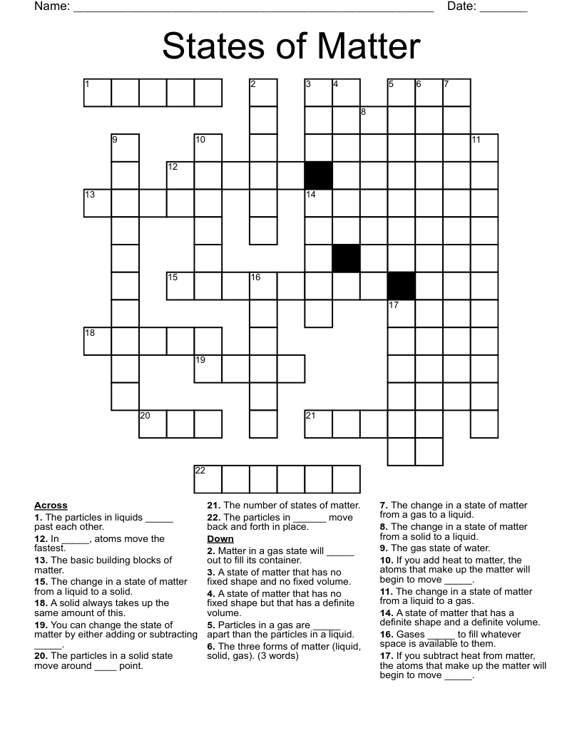 States Of Matter Crossword WordMint