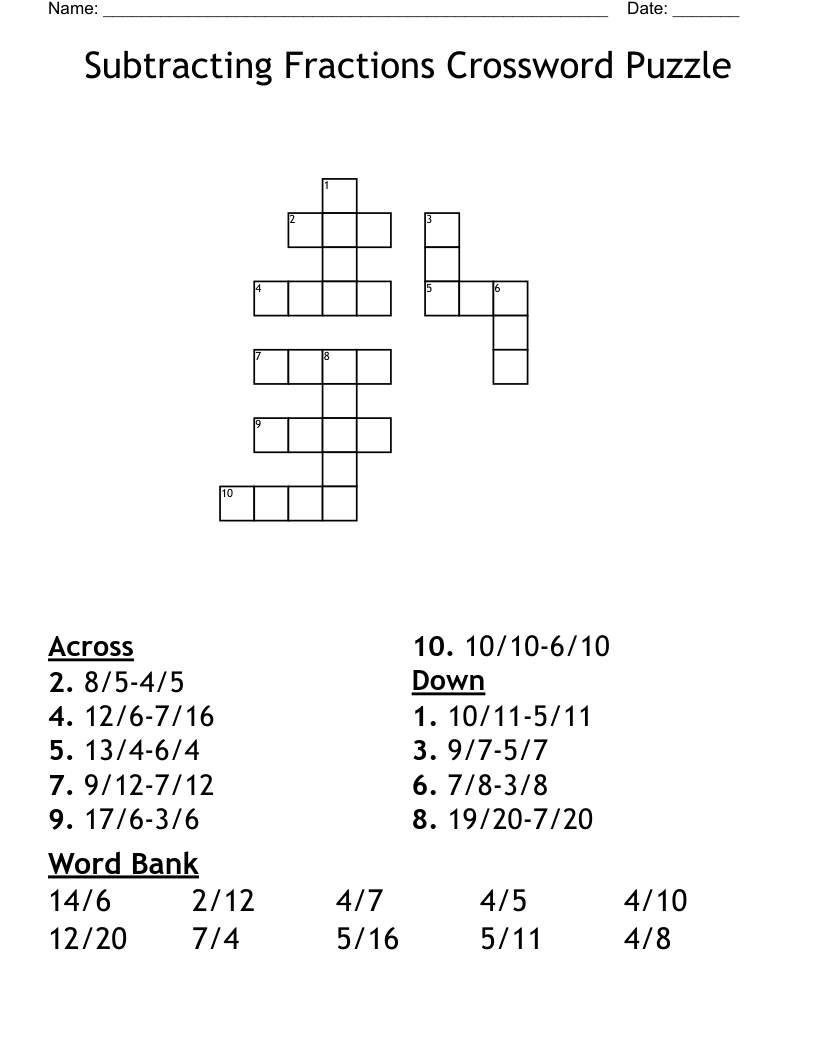 Subtracting Fractions Crossword Puzzle WordMint