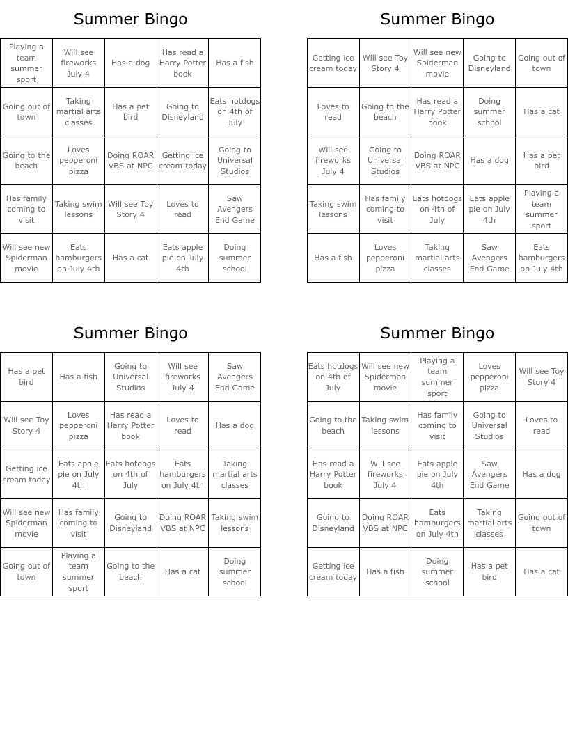 Summer Bingo WordMint