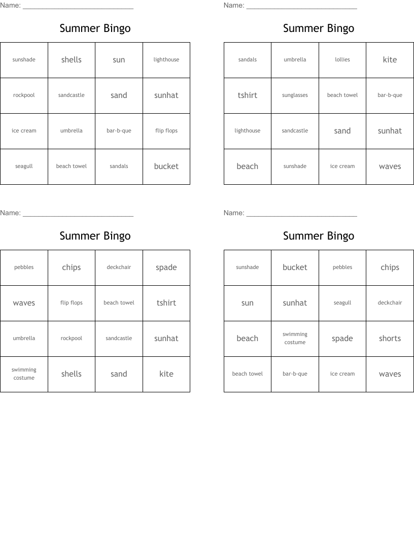 Summer Bingo WordMint