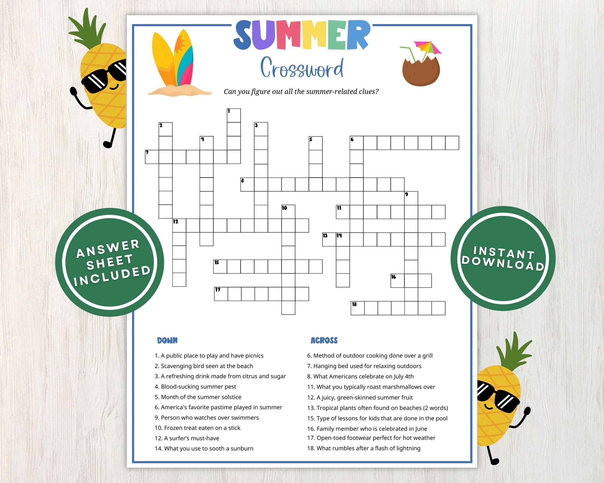 Summer Crossword Puzzle For Kids And Adults Fun Printable Summertime Word Game For Parties Picnics And Family Gatherings Instant Download Etsy