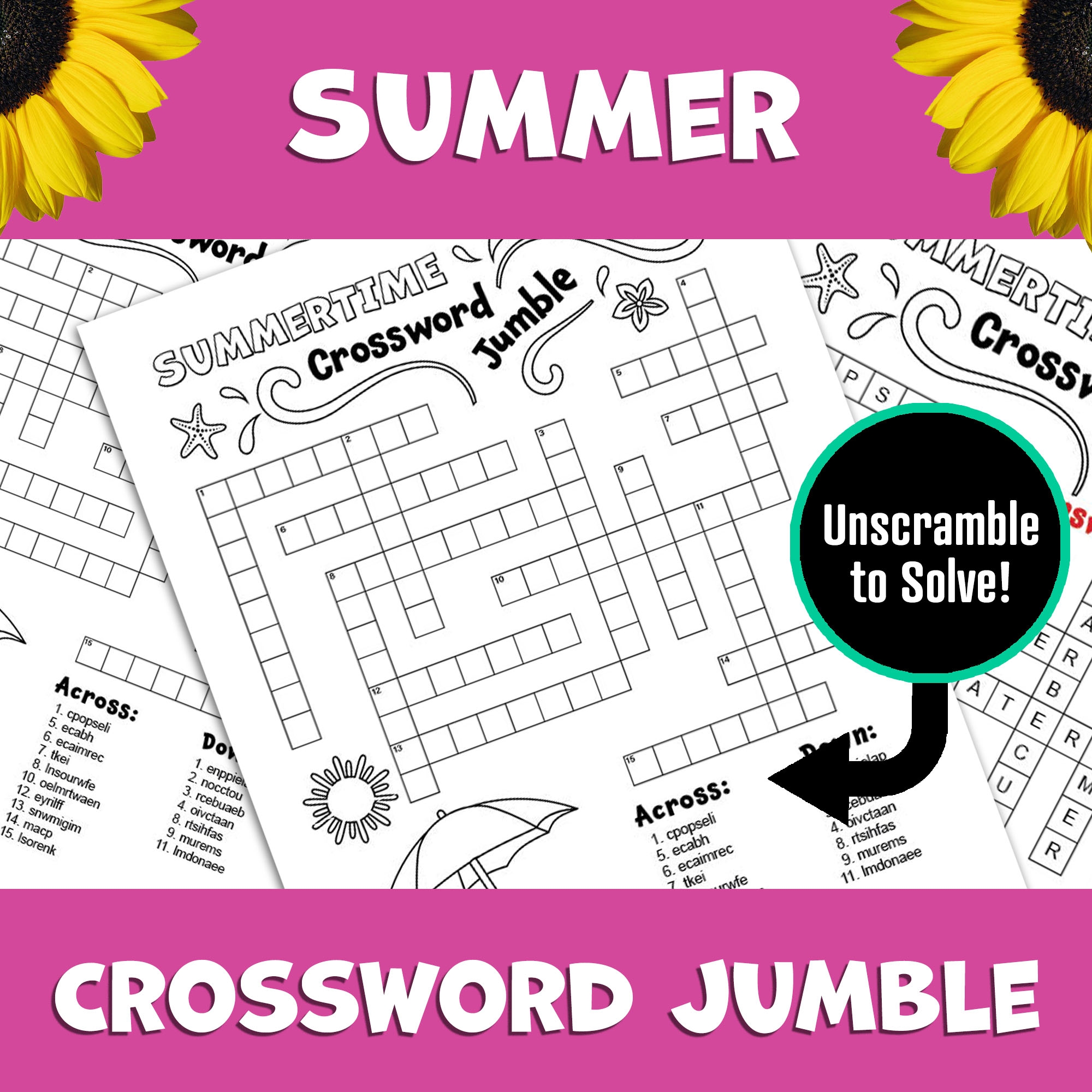Summer Crossword Puzzle Word Scramble Printable End Of School Year Classroom Activity Classful