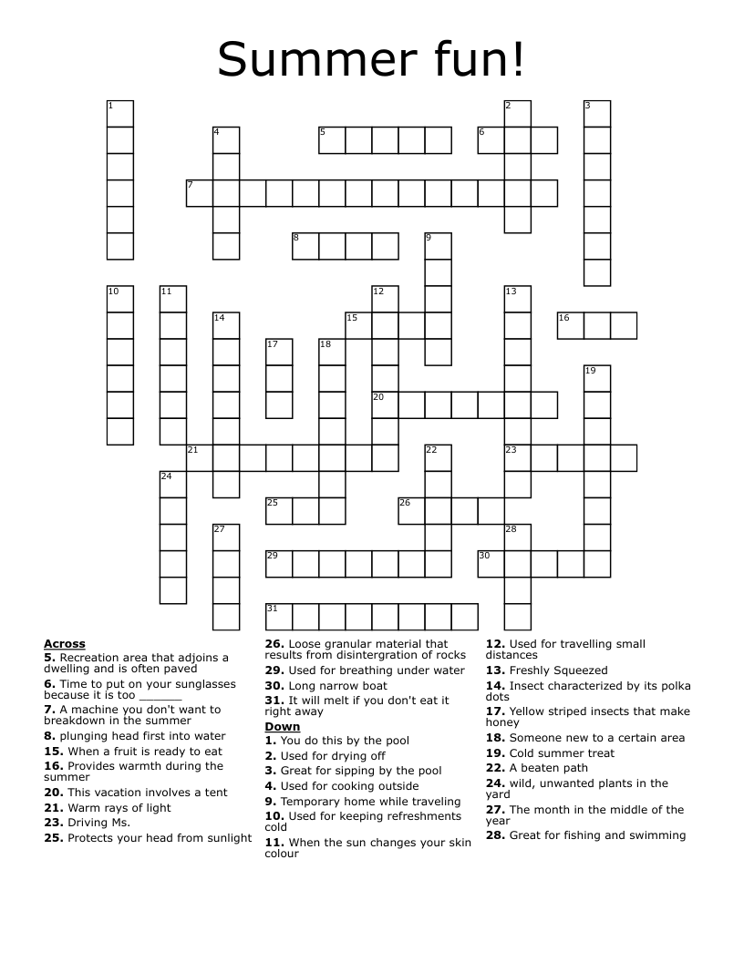 Summer Fun Crossword WordMint Summer Fun Crossword WordMint