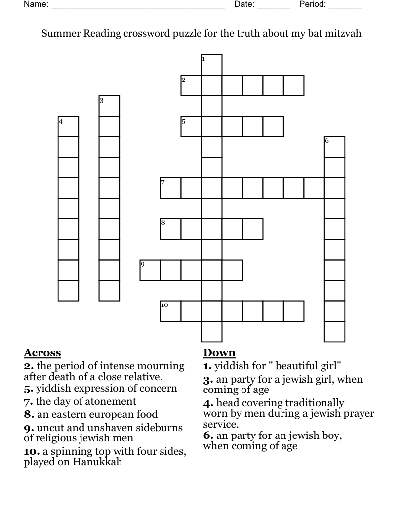 Summer Reading Crossword Puzzle For The Truth About My Bat Mitzvah WordMint