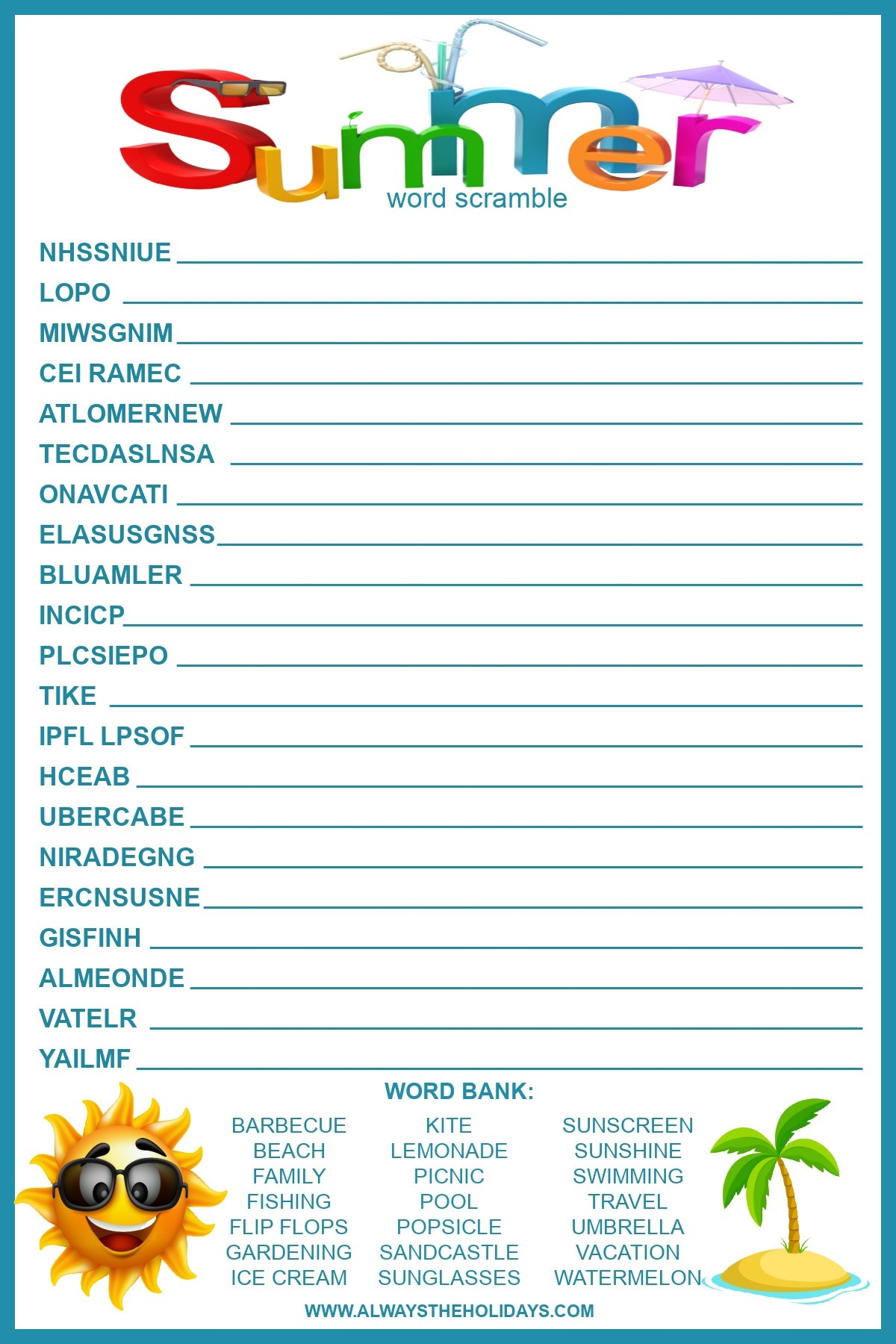 Summer Word Scramble With Answers Free Printable For Kids Summer Word Scramble With Answers Free Printable For Kids