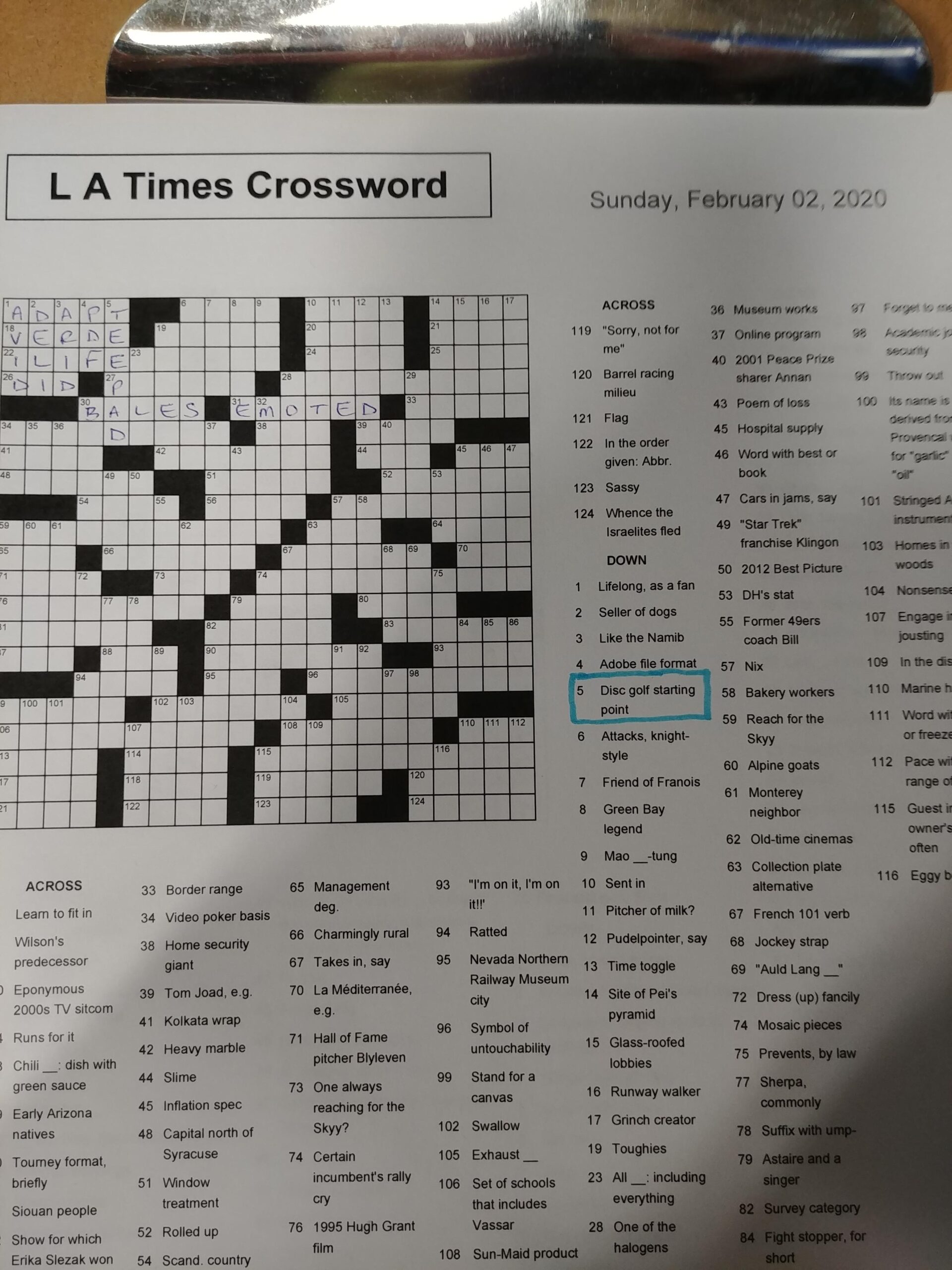 Sunday LA Times Crossword Puzzle R discgolf