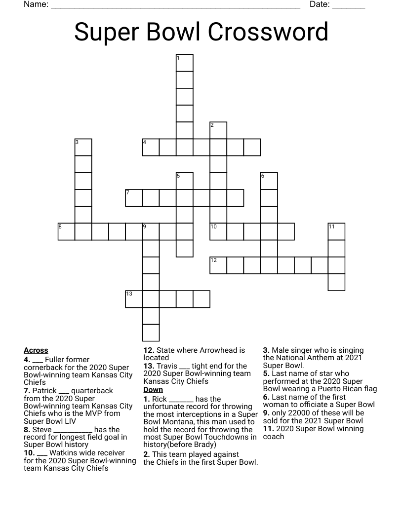 Super Bowl Crossword WordMint Super Bowl Crossword WordMint