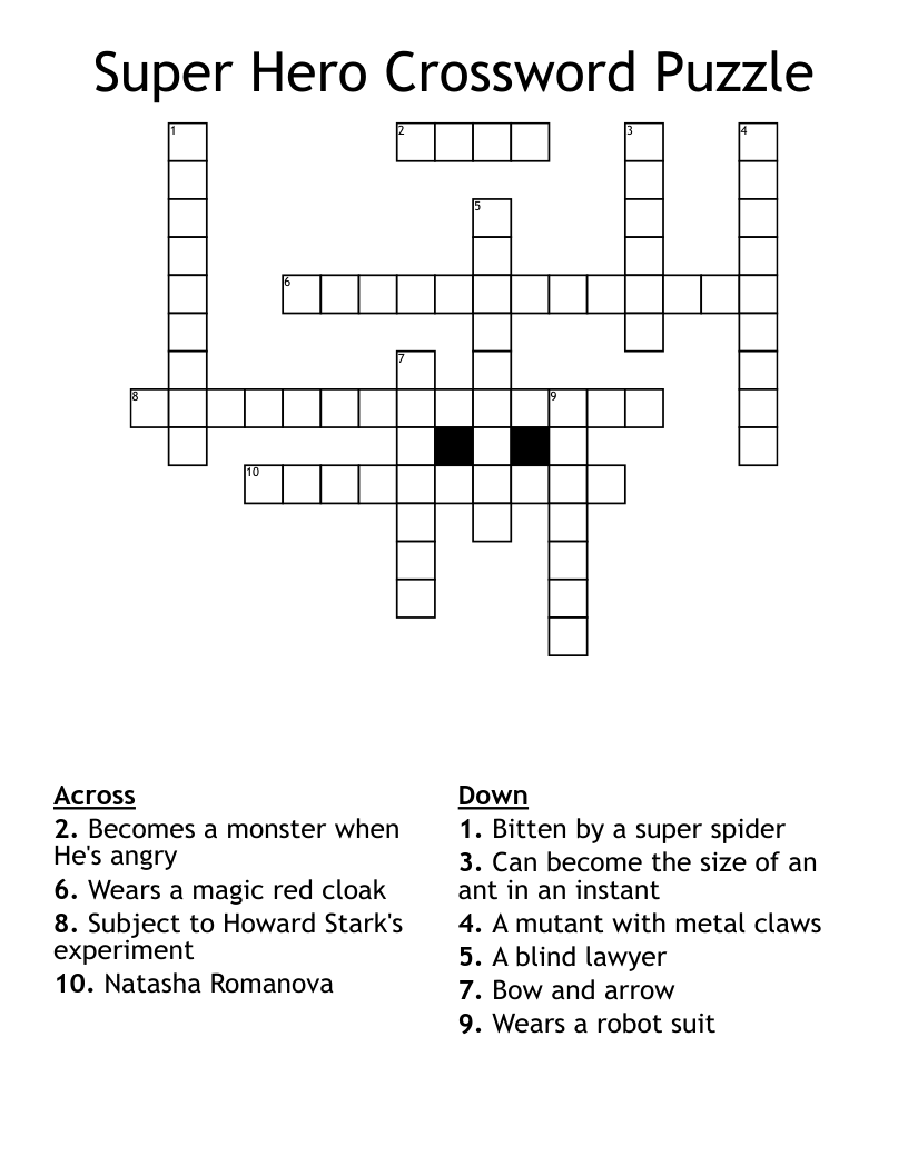 Super Hero Crossword Puzzle WordMint Super Hero Crossword Puzzle WordMint
