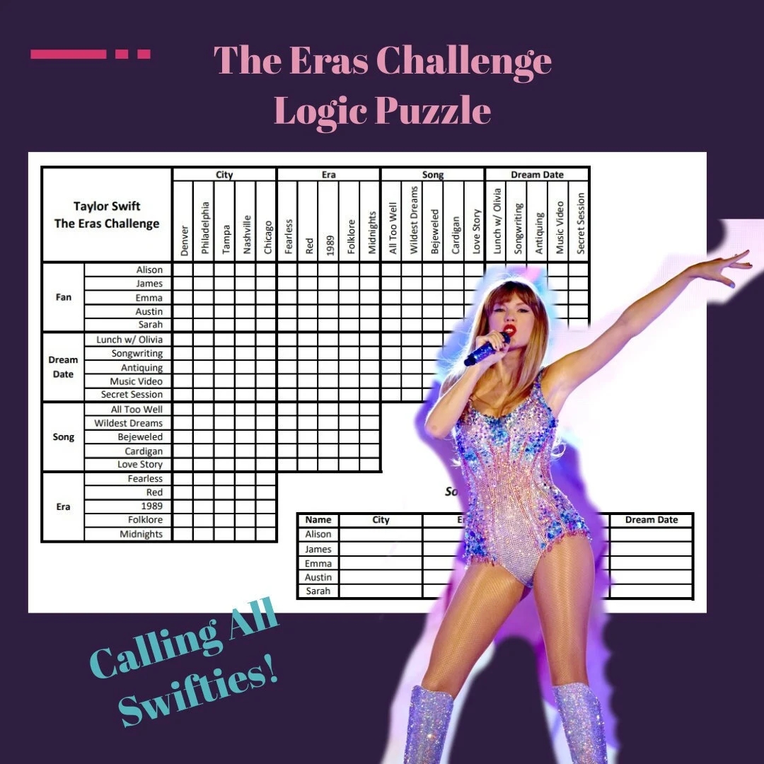 Taylor Swift Eras Tour Inspired Printable Logic Puzzle Game Challenge Your Mind With A Themed Puzzle Celebrating Taylor s Music Journey Etsy Taylor Swift Eras Tour Inspired Printable Logic Puzzle Game Challenge Your Mind With A Themed Puzzle Celebrating Taylor s Music Journey Etsy