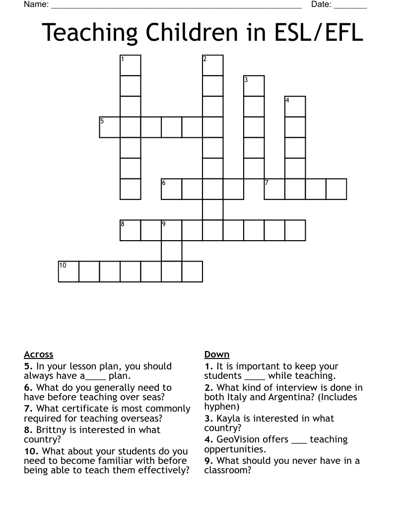Teaching Children In ESL EFL Crossword WordMint