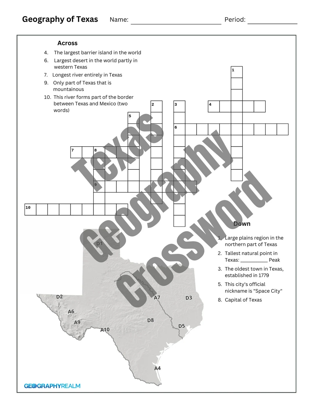 Texas Geography Crossword Puzzle For Grades 3 5 digital Download With Answer Key Etsy