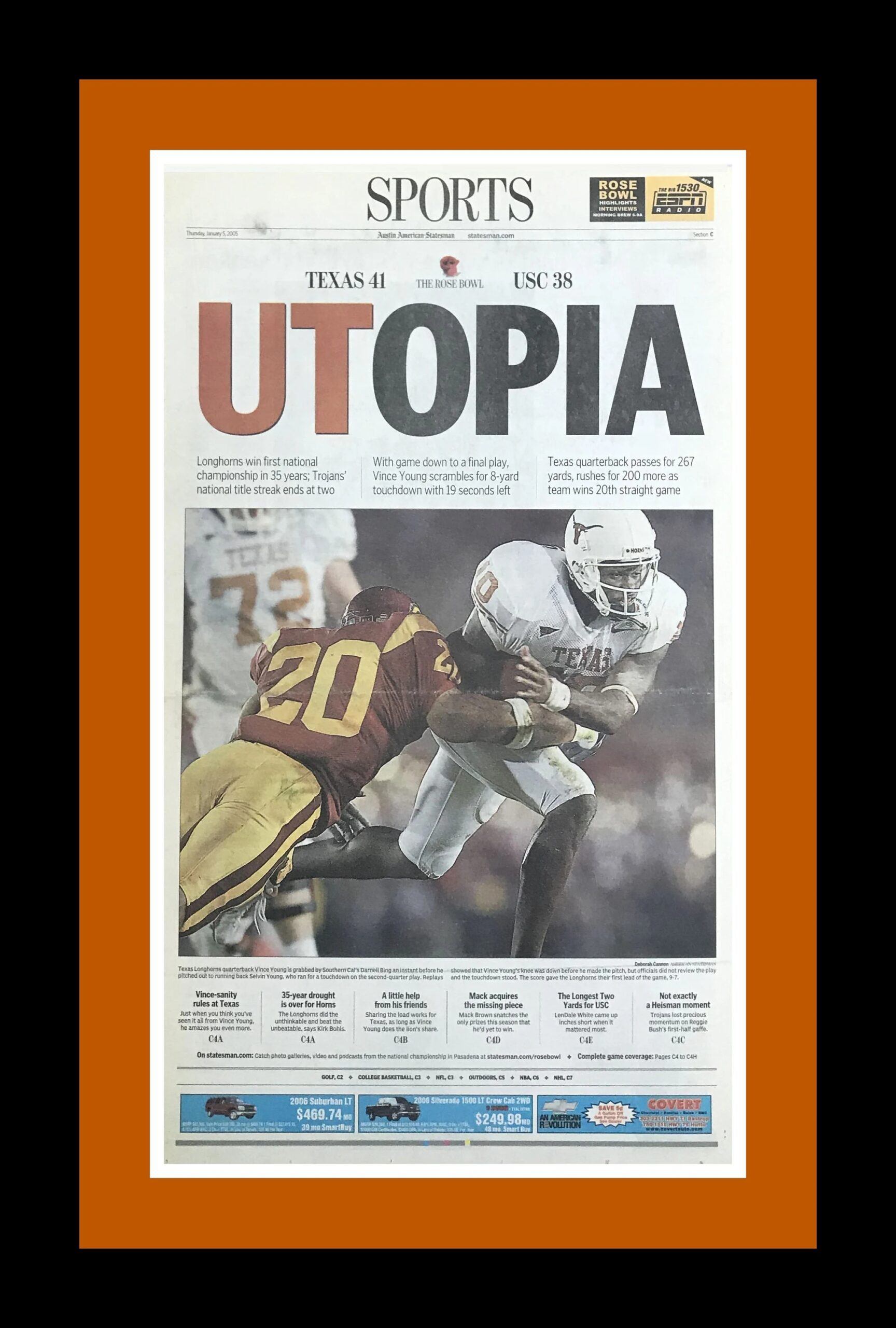Texas Longhorns 2005 NCAA Football Title Austin American Statesman utopia Double Matted Framed In Authentic Team Colors Etsy