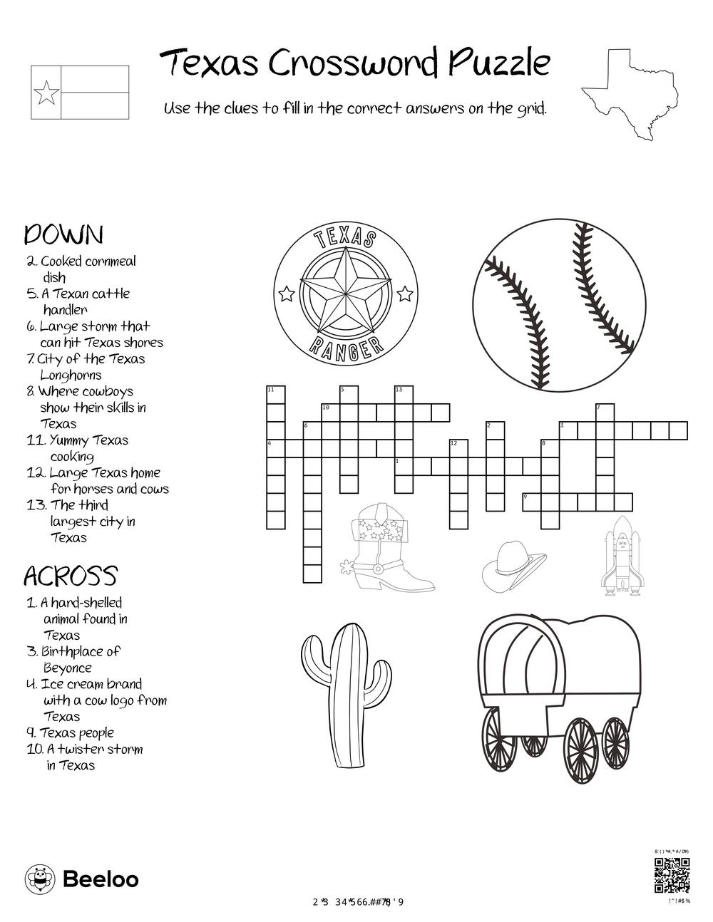 Texas themed Crossword Puzzles Beeloo Printable Crafts And Activities For Kids