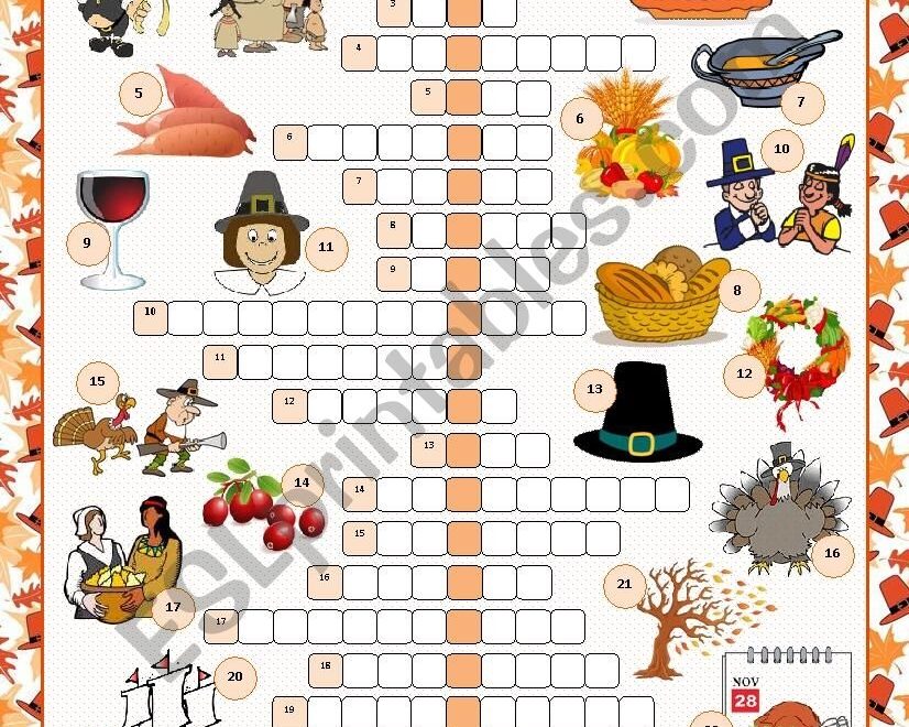 Thanksgiving Crossword Puzzle ESL Worksheet By Kissnetothedit