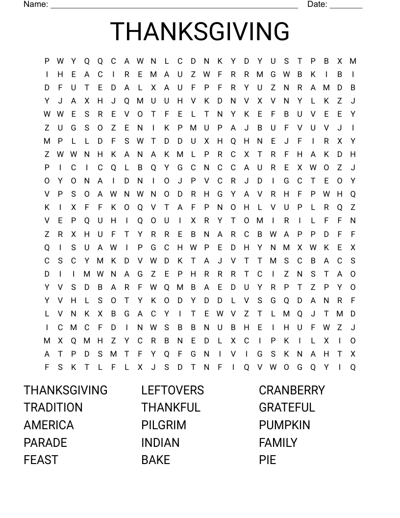 Thanksgiving Crossword WordMint