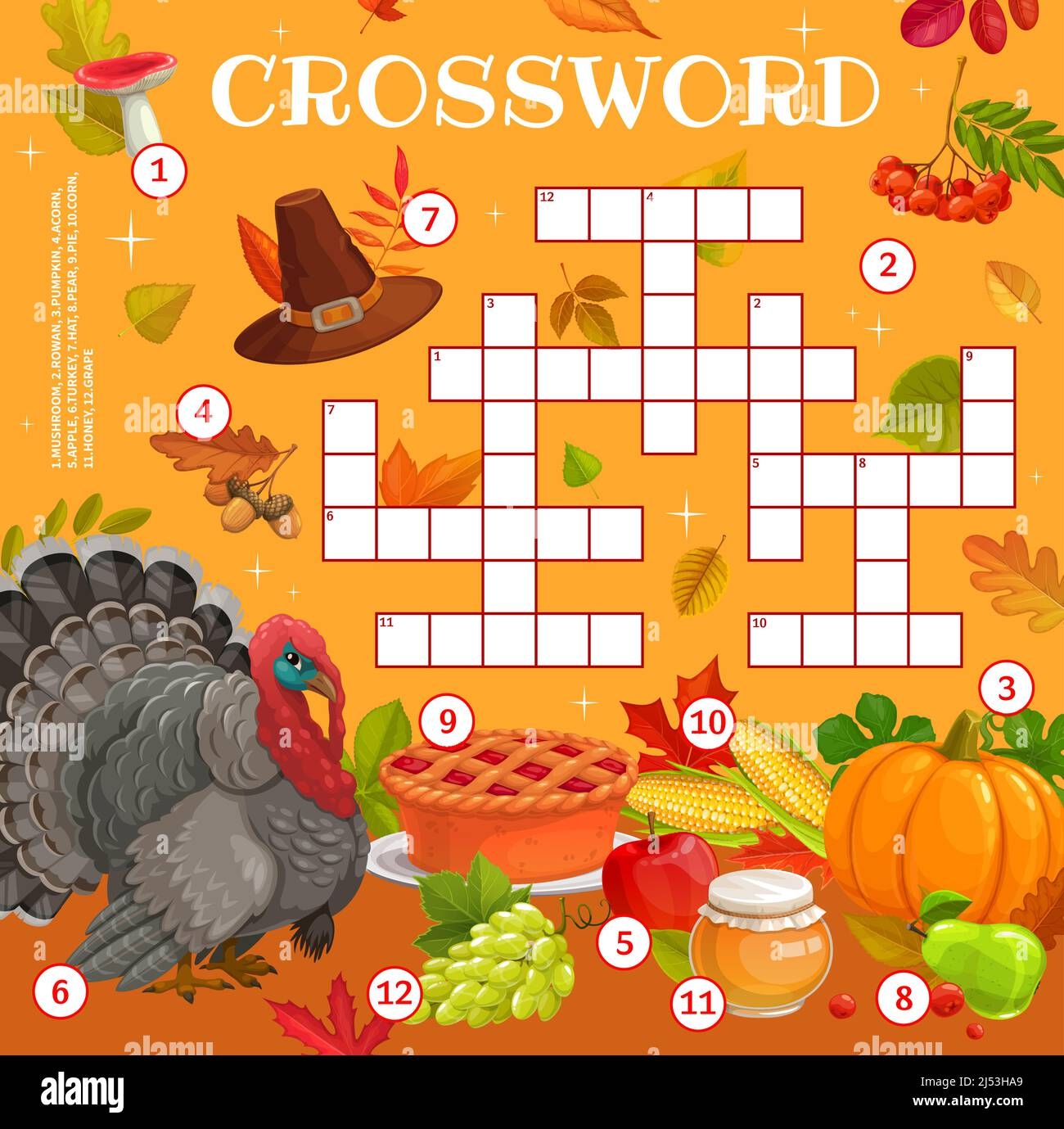 Thanksgiving Crossword Worksheet Find A Word Quiz Turkey Autumn Harvest And Pilgrim Hat Cartoon Vector Game 