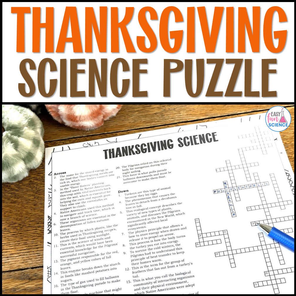 Thanksgiving Science Crossword Puzzle Middle Or High School Science Party Game Classful