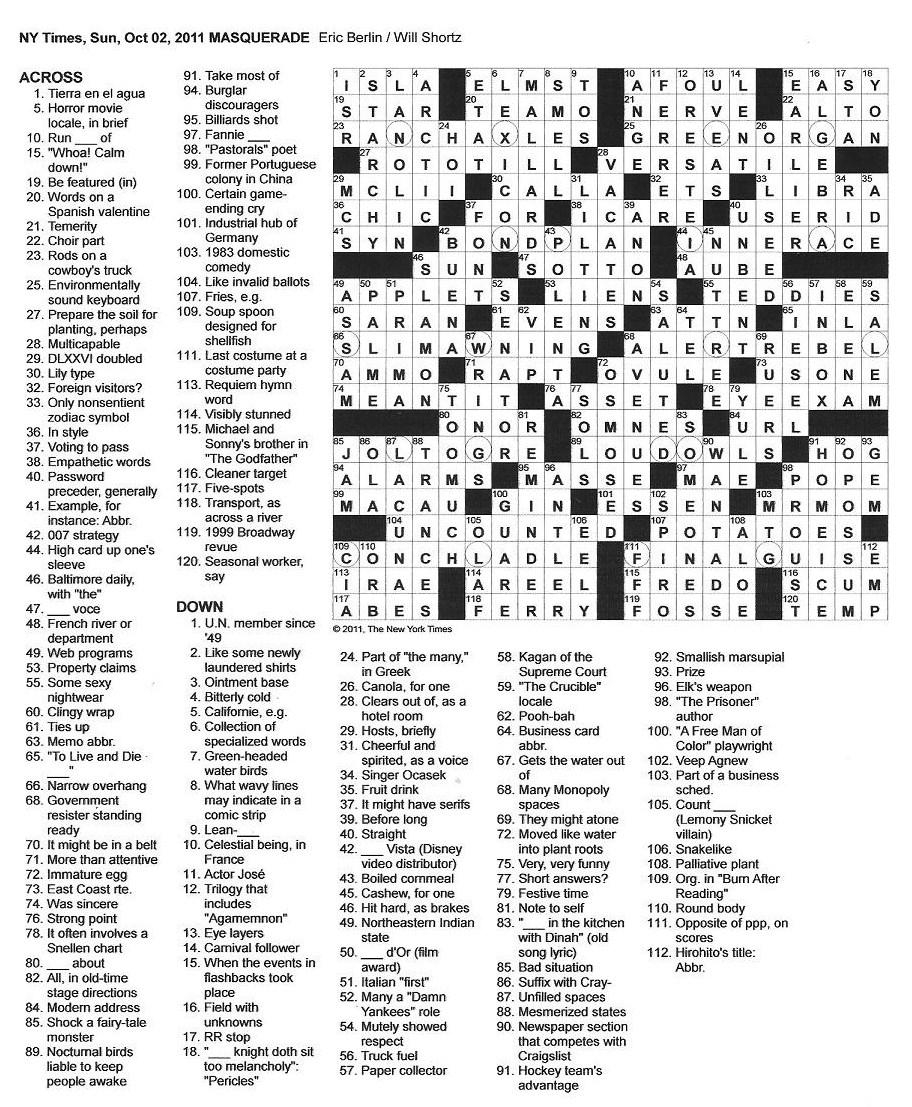 The New York Times Crossword In Gothic 10 02 11 Masquerade