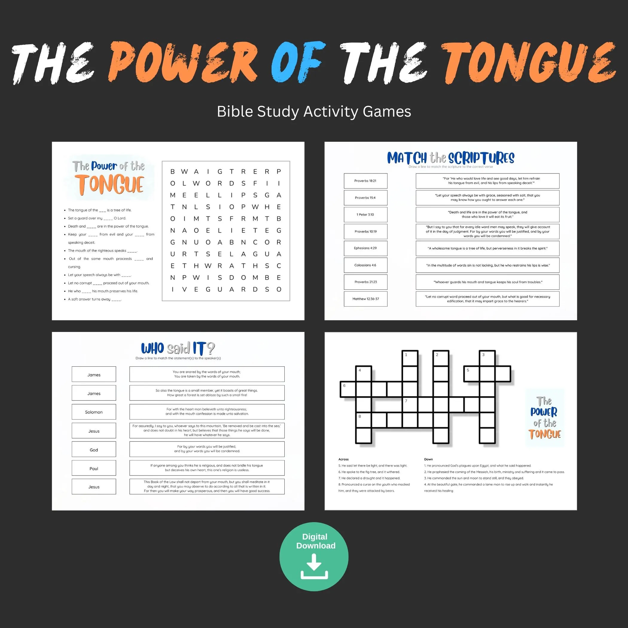 The Power Of The Tongue Christian Teen Kid Crossword Puzzle Word Search Children Church Sunday School Lesson Activity Bible Study Quiz Game Etsy