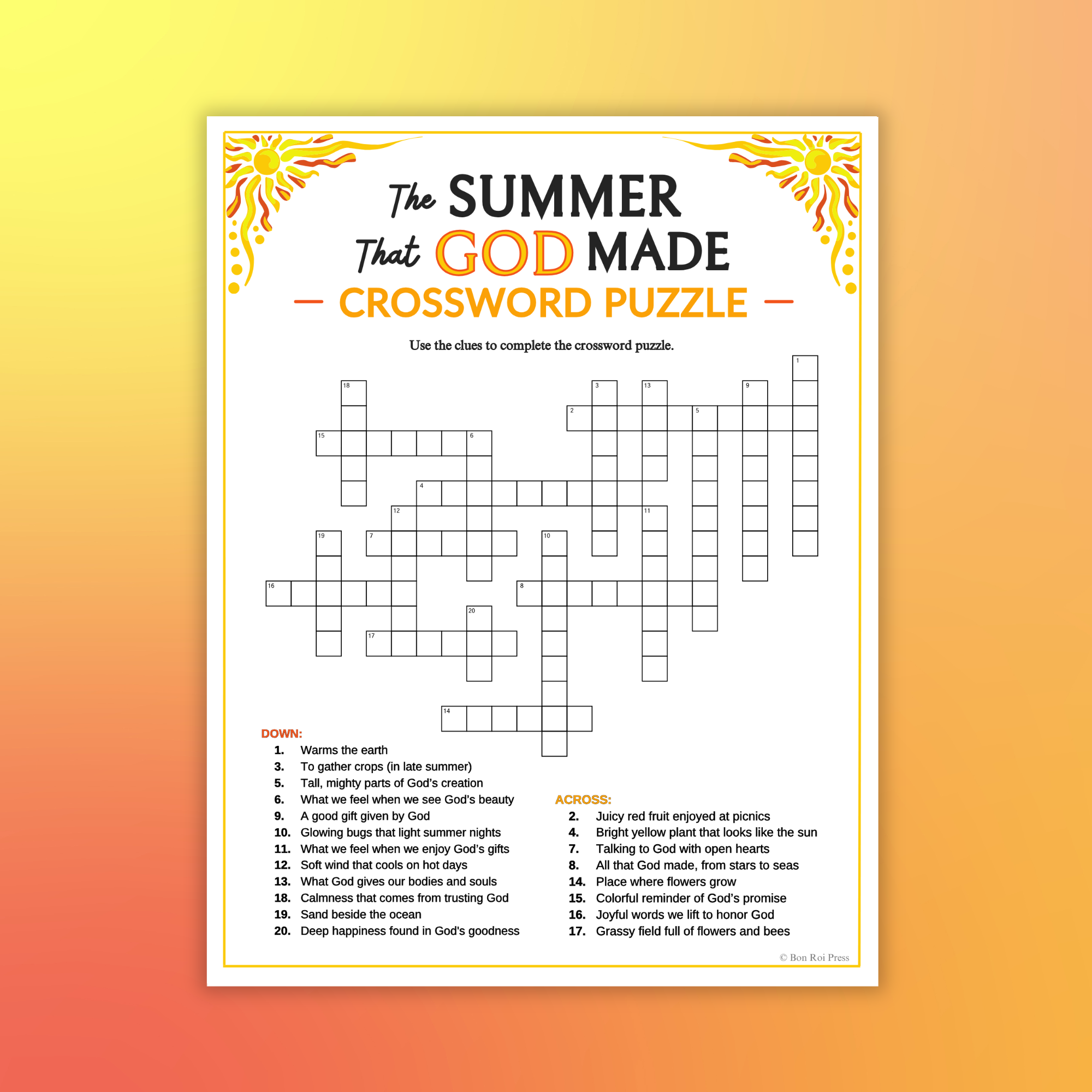 The Summer That God Made Crossword Puzzle Printable For Church Kids Teens Adults Sunday School Ministry Bible Learning Activity Classful