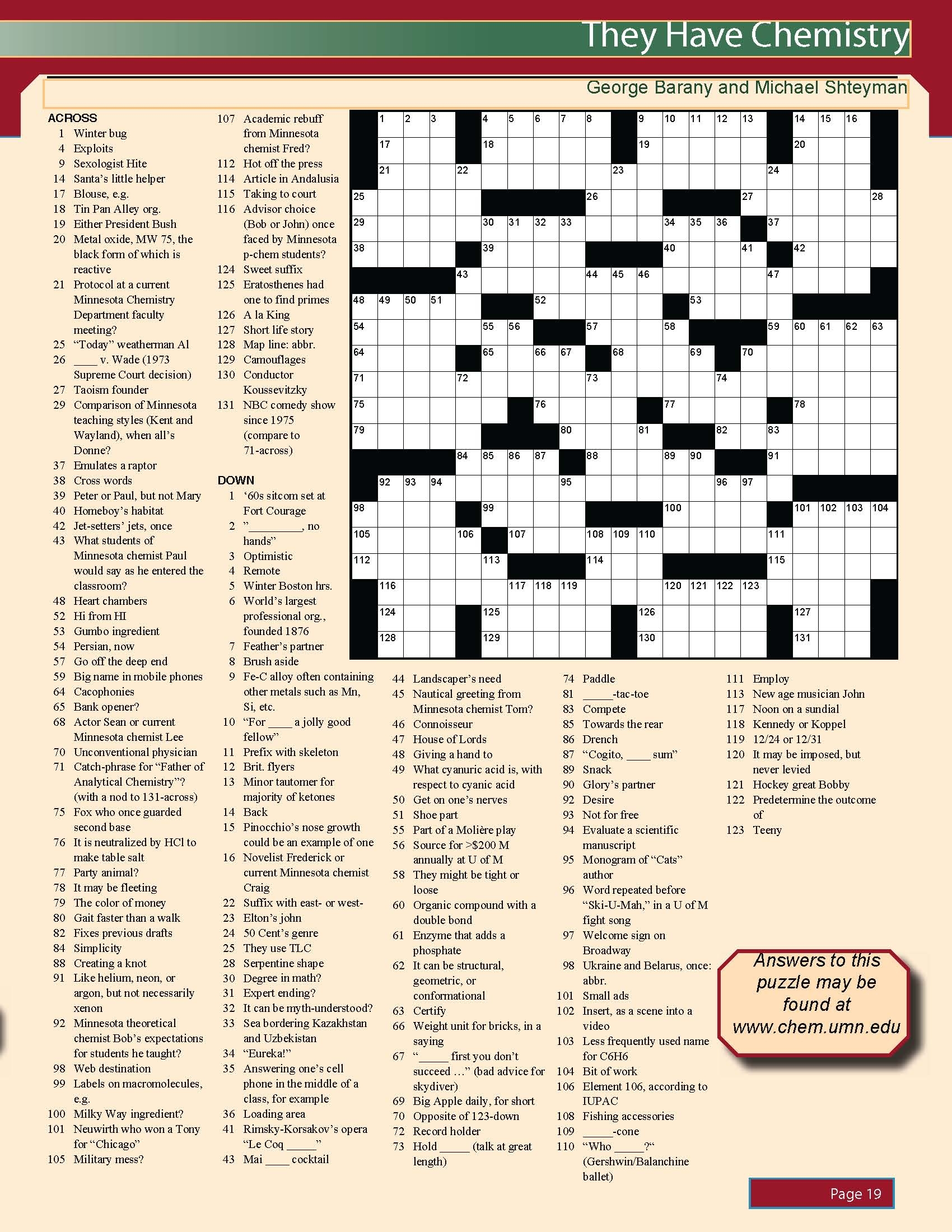 They Have Chemistry Crossword Puzzle By George Barany And Michael Shteyman They Have Chemistry Crossword Puzzle By George Barany And Michael Shteyman