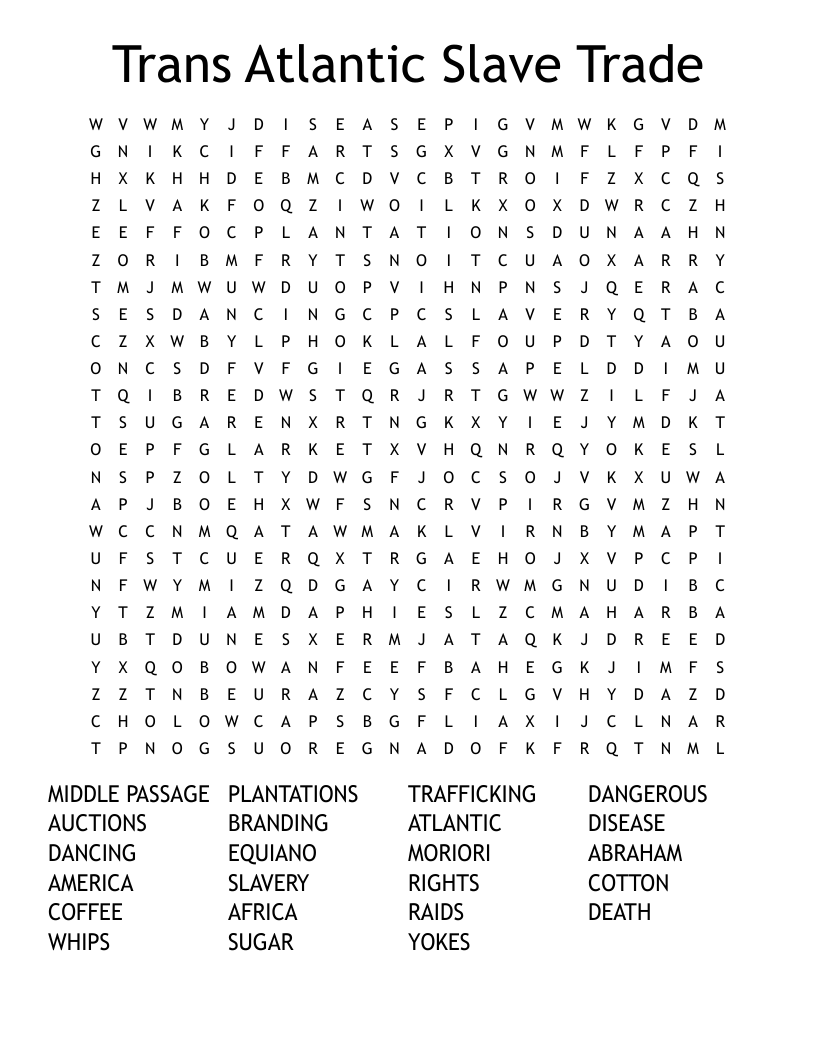 Trans Atlantic Slave Trade Word Search WordMint