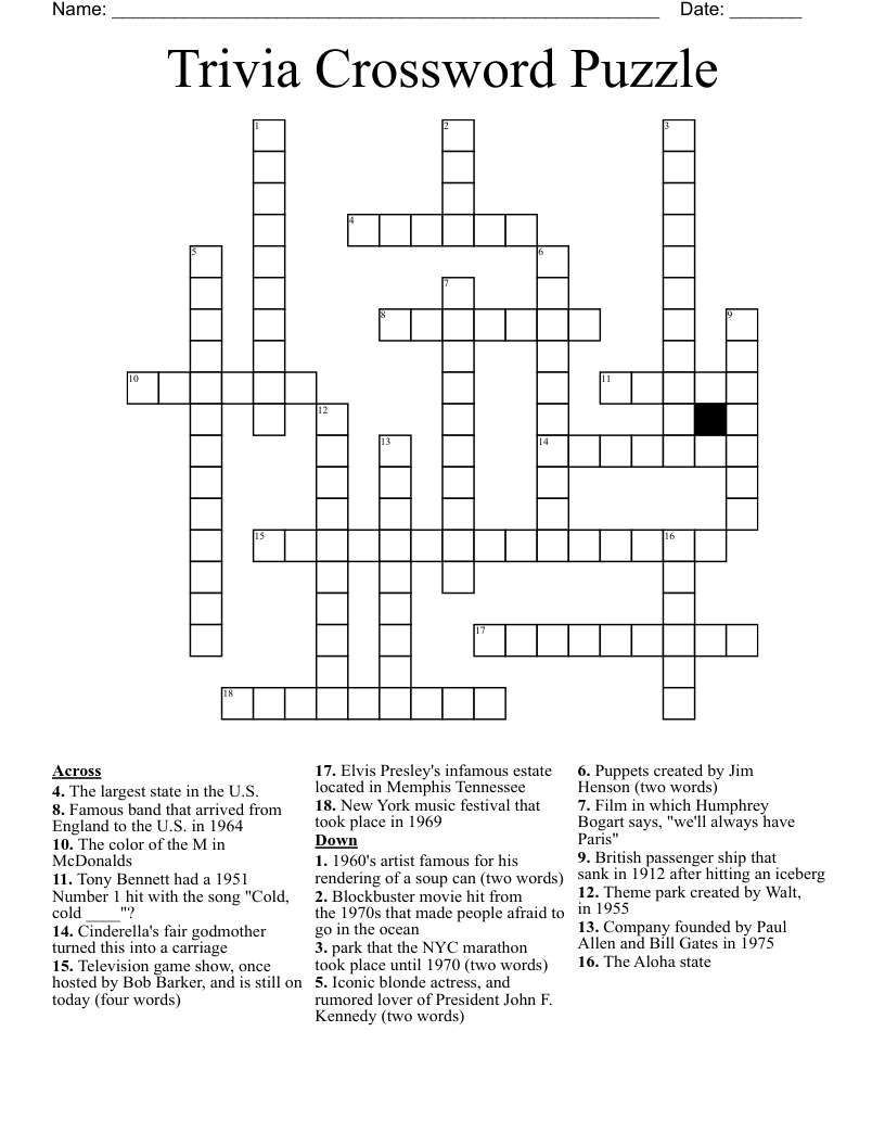 Trivia Crossword Puzzle WordMint