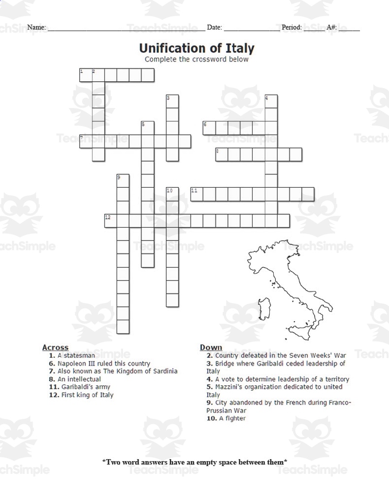 Unification Of Italy Crossword Puzzle By Teach Simple