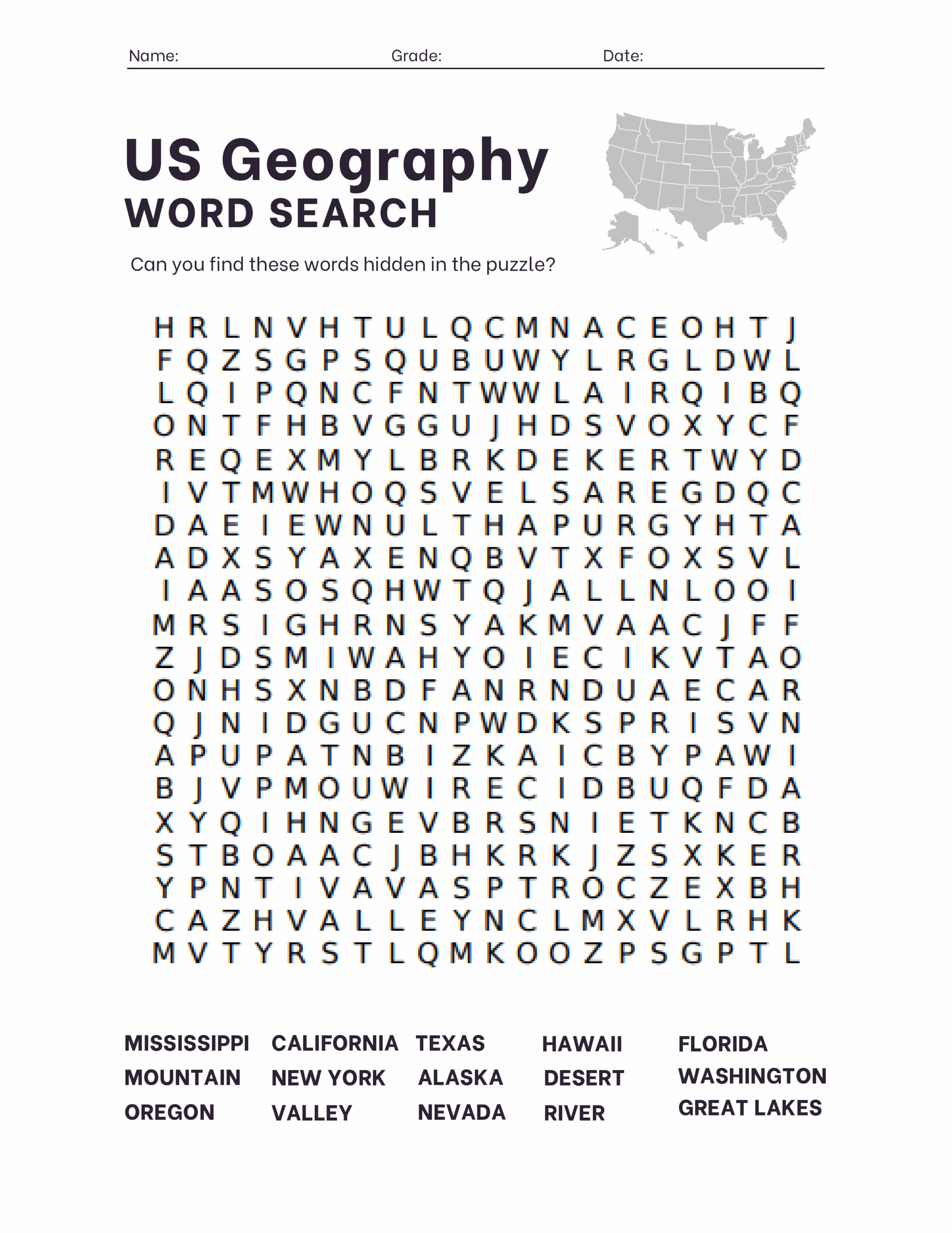 US Geography Word Search Education World