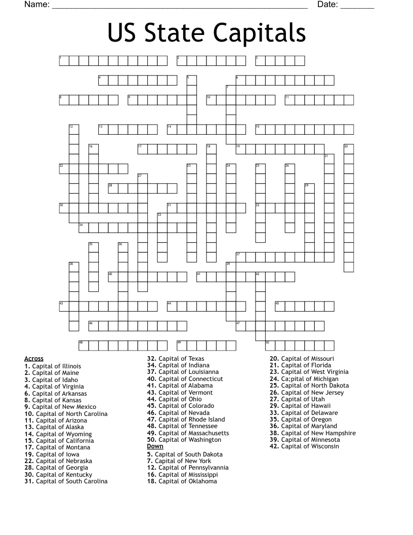 US State Capitals Crossword WordMint US State Capitals Crossword WordMint