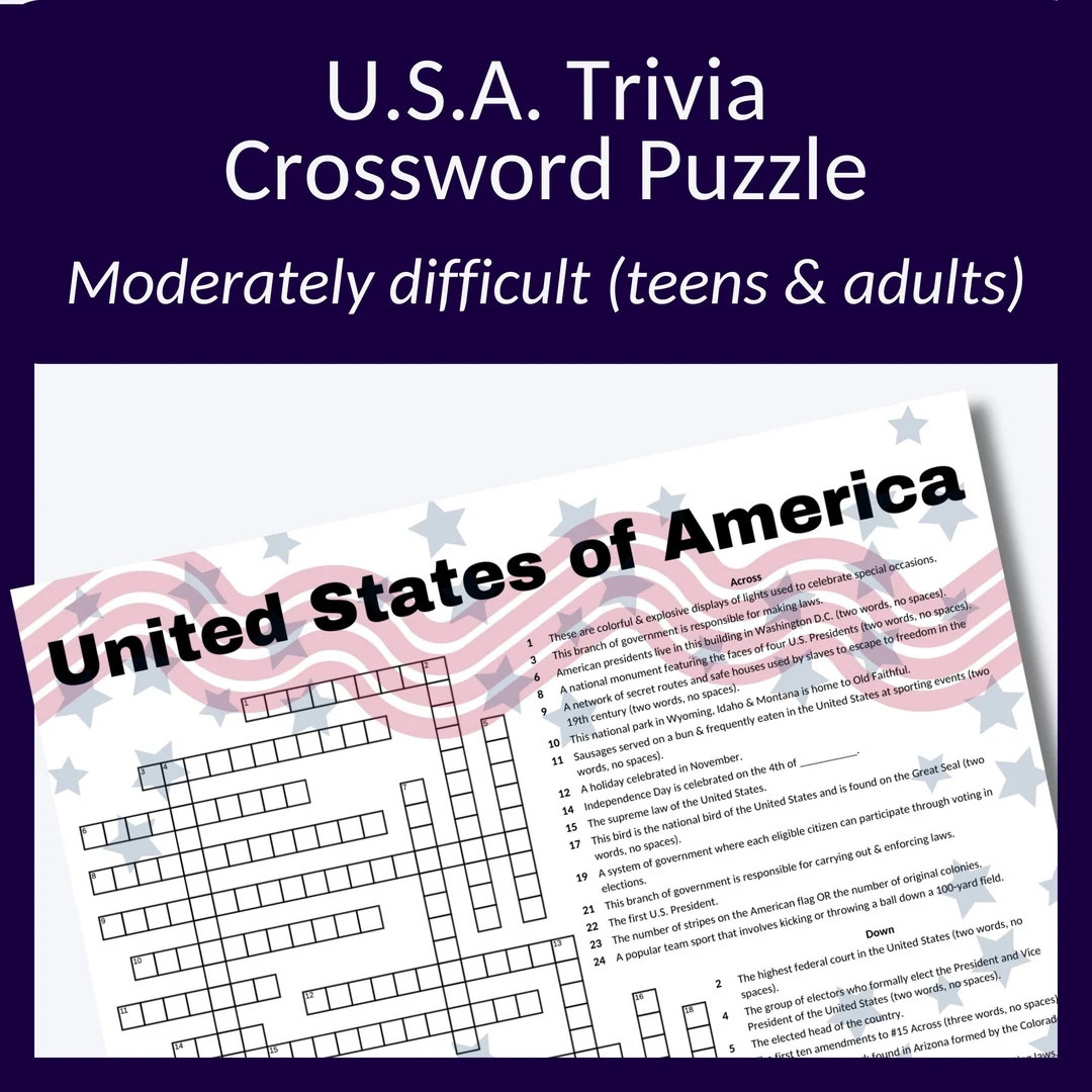 USA Trivia Crossword Puzzle For Fourth Of July Parties Family Reunion Game Or Just For Fun This Cross Word Puzzle Is Best For Ages 10 Etsy