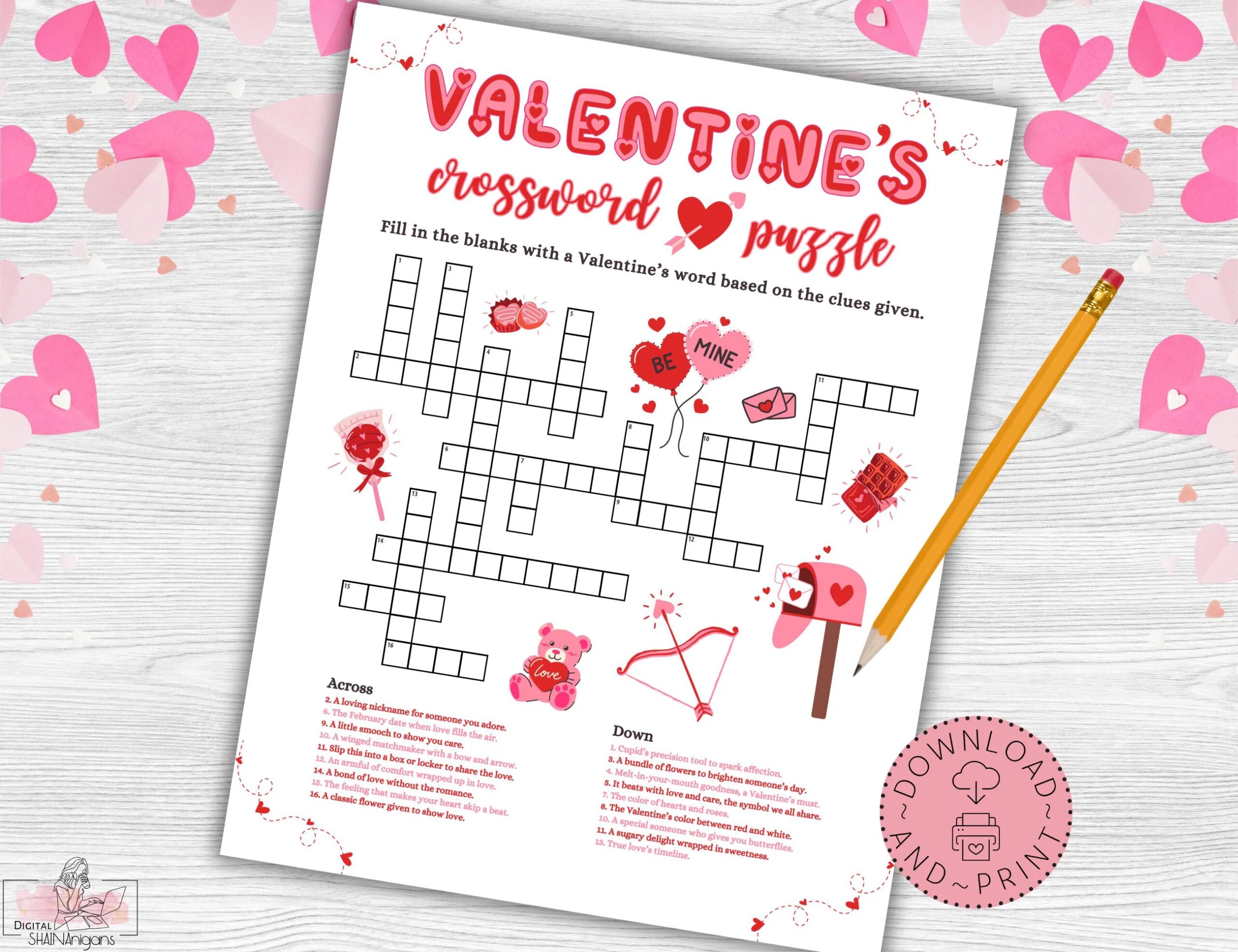 Valentine s Crossword Puzzle Game Printable For Kids And Adults Valentine s Day Party Game Crossword Puzzle Valentines Classroom Activity Etsy