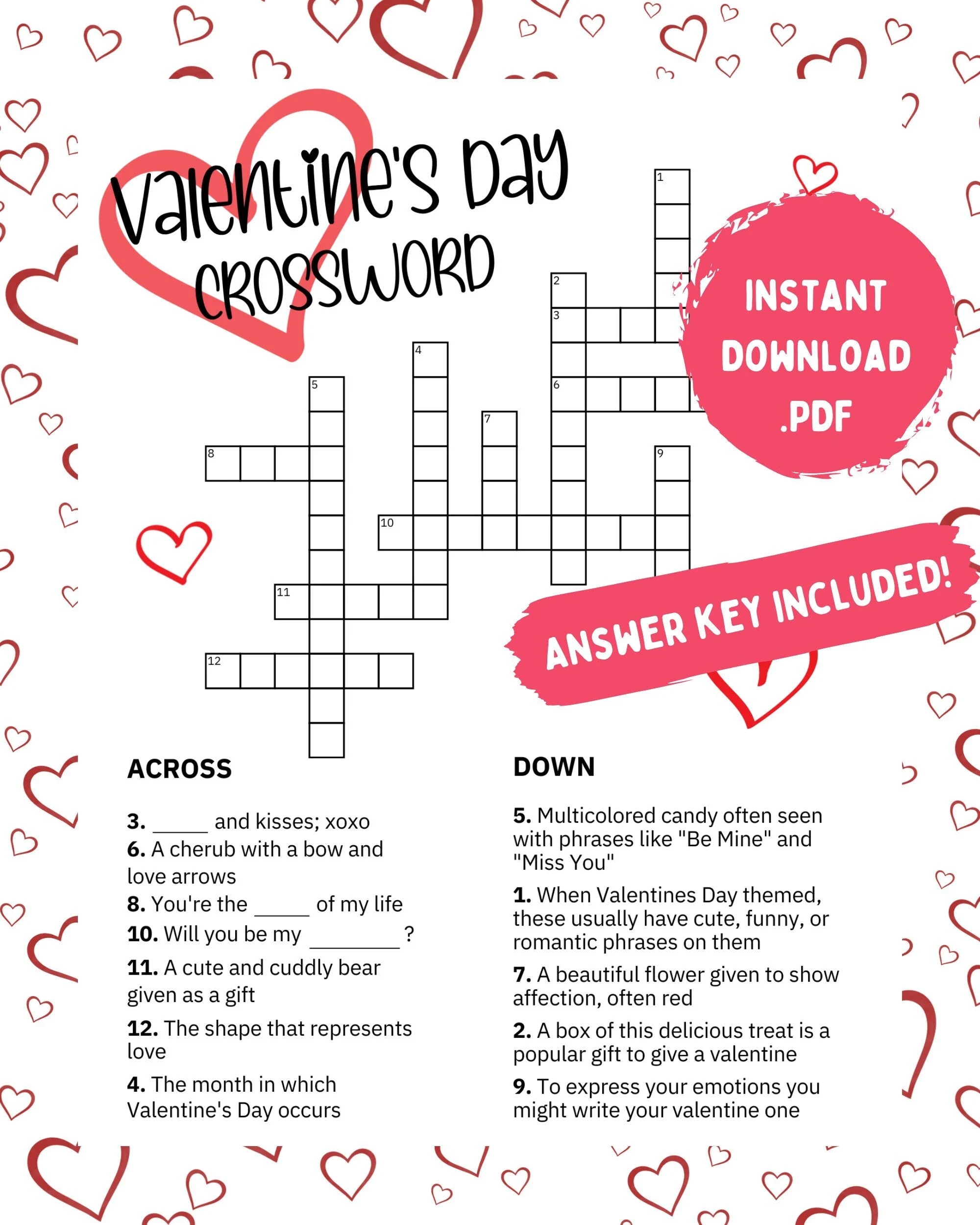 Valentine s Day Crossword With Answer Key Printable Valentine s Day Crossword Valentine s Day Activities For Kids Printable Games Etsy