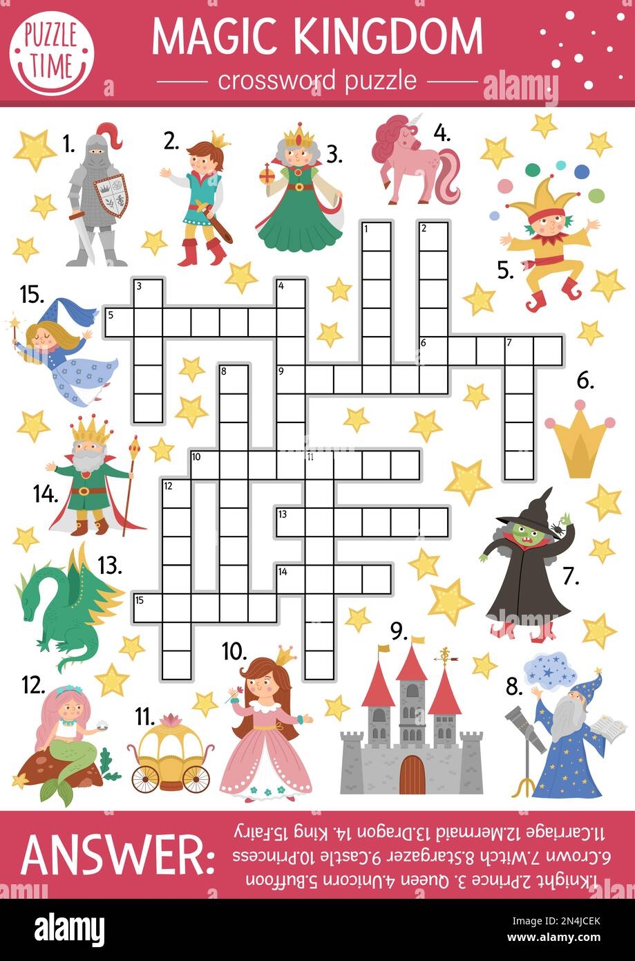 Vector Fairytale Crossword Puzzle For Kids Simple Magic Kingdom Quiz With Fantasy Creatures For Children Educational Activity With Knight Castle P Stock Vector Image Art Alamy