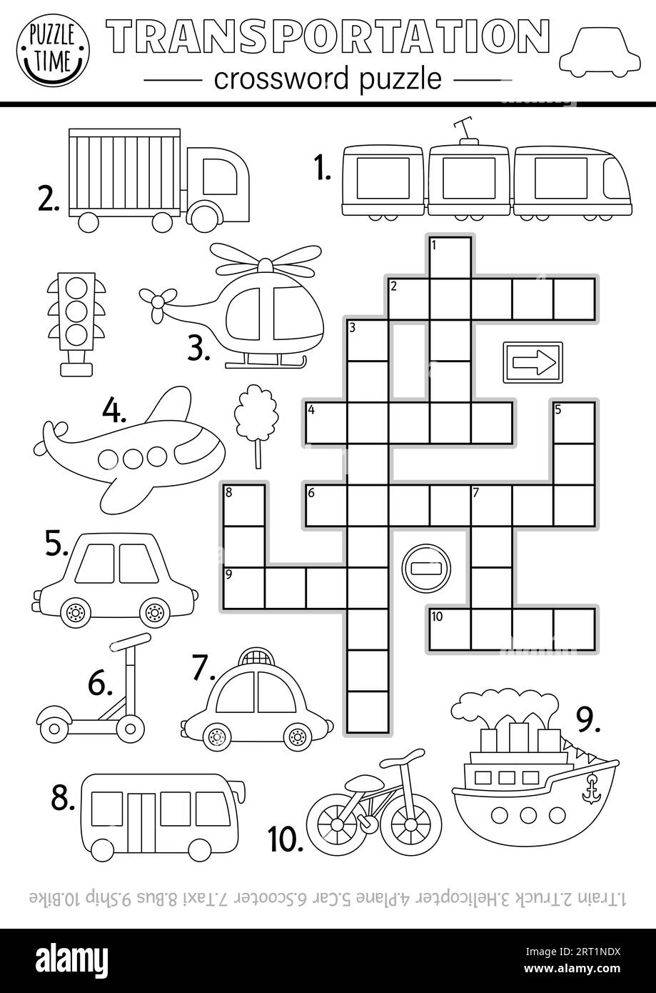 Vector Transportation Crossword Black And White Puzzle For Kids Simple Line Quiz With Car Truck Plane Taxi Ship Bus Scooter Bike Helicopter Stock Vector Image Art Alamy