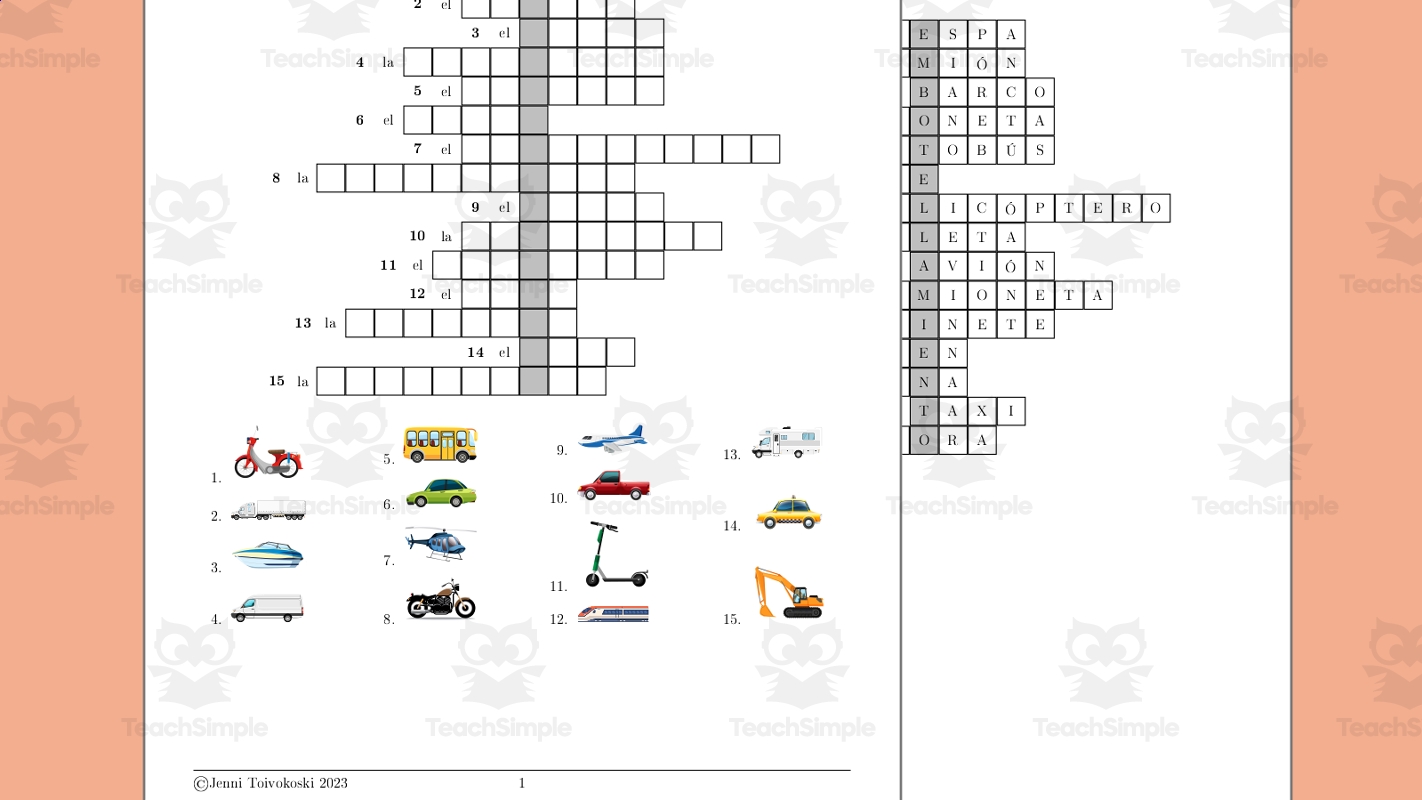 Vehicles In Spanish Crossword Puzzle Nombra Los Vehiculos By Teach Simple