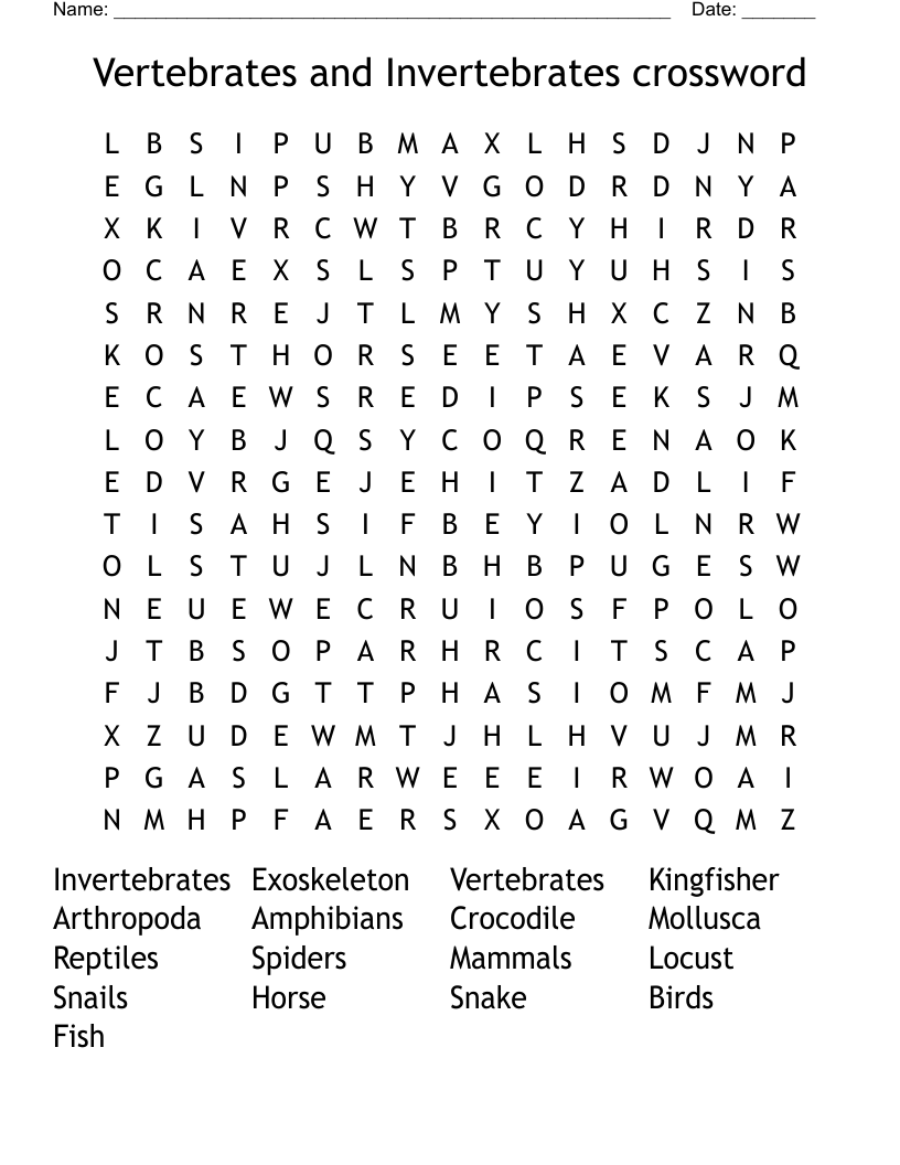 Vertebrates And Invertebrates Crossword Word Search WordMint Vertebrates And Invertebrates Crossword Word Search WordMint