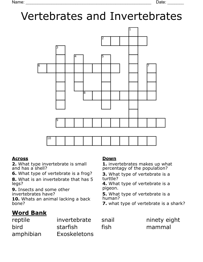 Vertebrates And Invertebrates Crossword WordMint Vertebrates And Invertebrates Crossword WordMint