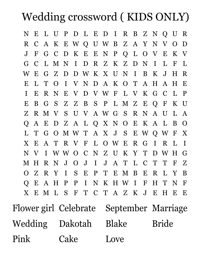 Wedding Crossword KIDS ONLY Word Search WordMint Wedding Crossword KIDS ONLY Word Search WordMint