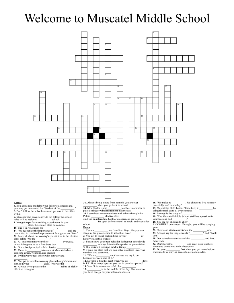 Welcome To Muscatel Middle School Crossword WordMint Welcome To Muscatel Middle School Crossword WordMint