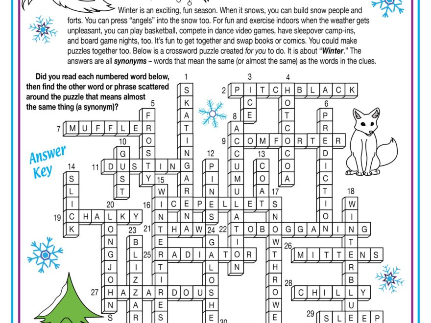 Winter Vocabulary Synonyms Printable Crossword Puzzle Word Search Made By Teachers
