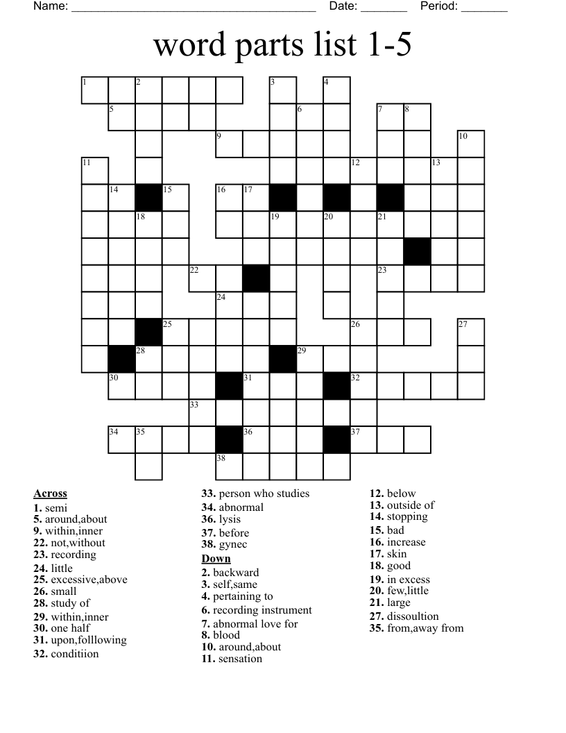 Word Parts List 1 5 Crossword WordMint