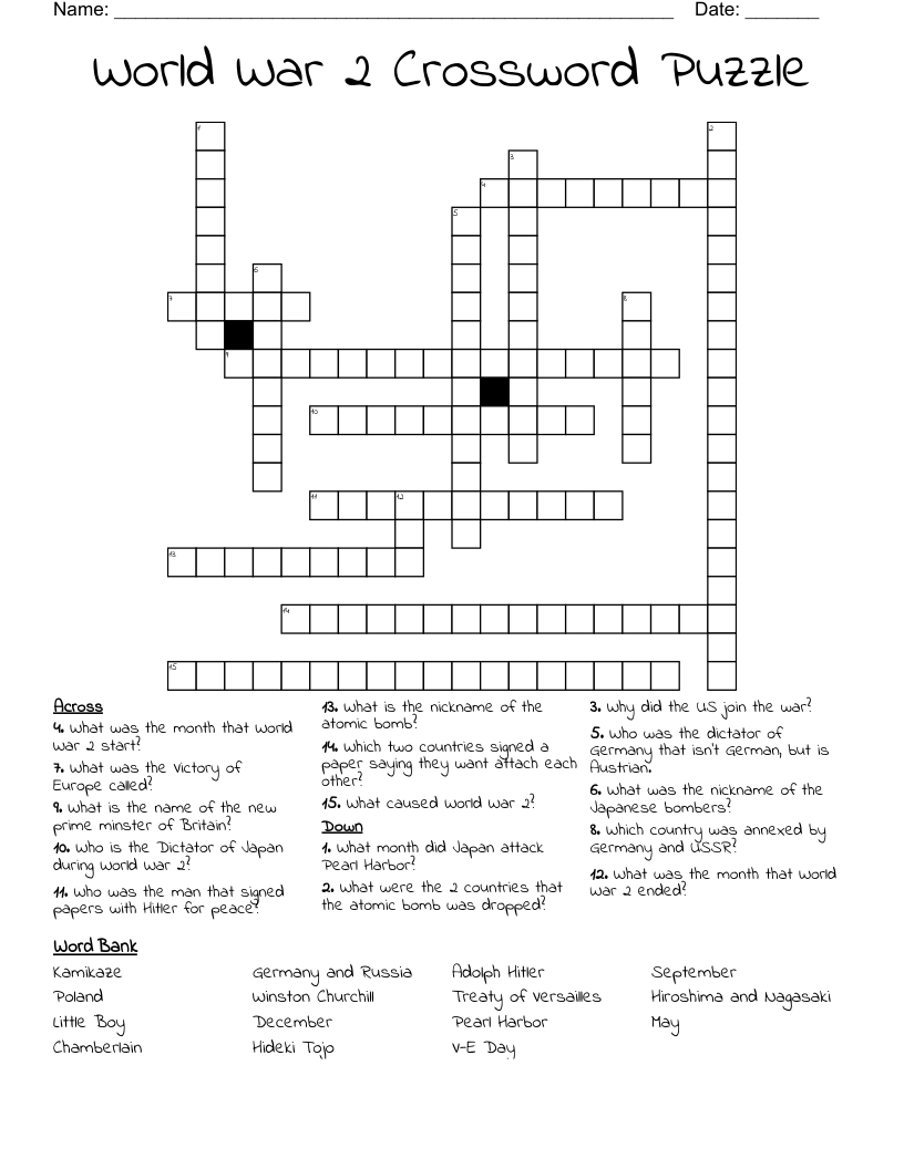 World War 2 Crossword Puzzle WordMint World War 2 Crossword Puzzle WordMint