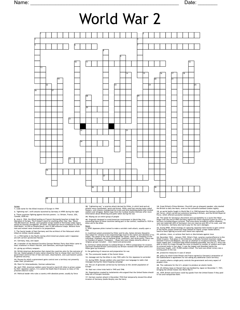 World War 2 Crossword WordMint World War 2 Crossword WordMint