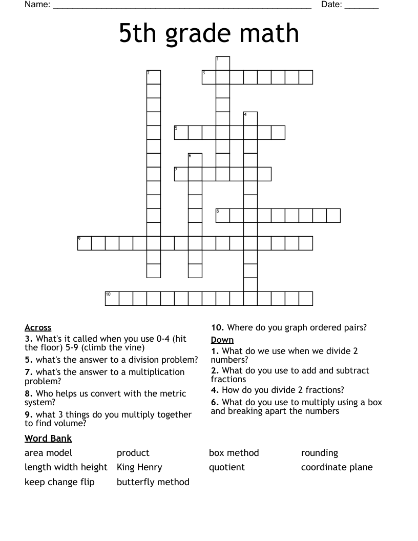 Free Printable Crossword Puzzles For 5th Graders