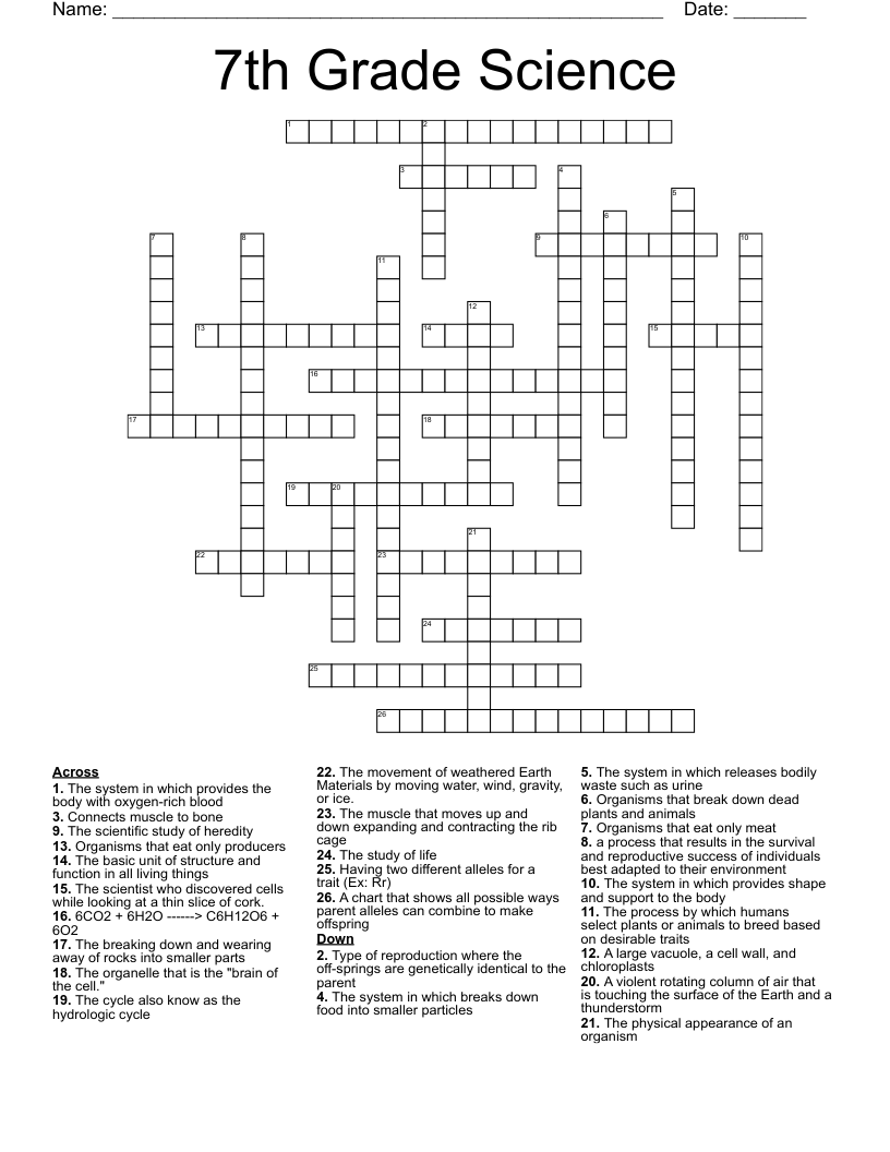 7th Grade Science Crossword WordMint 7th Grade Science Crossword WordMint